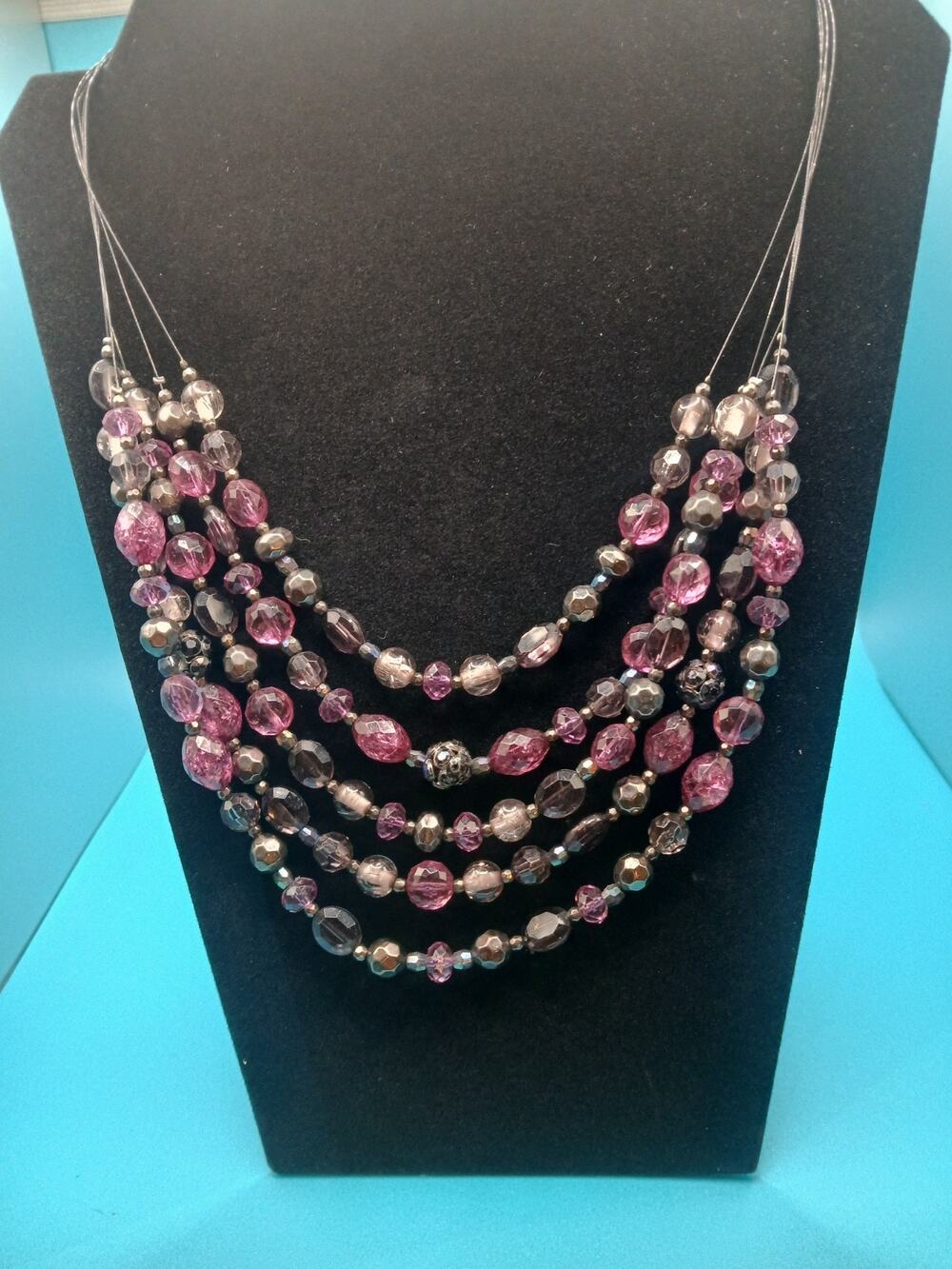Signed NY 18" Purple Black Gray Multi Strand Necklace Faceted Beads